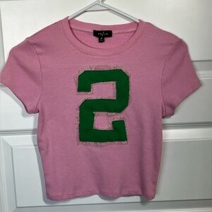 Pink Baby Tee Green Number Graphic Lace Trim Fitted Crop Top Y2K Coquette Medium